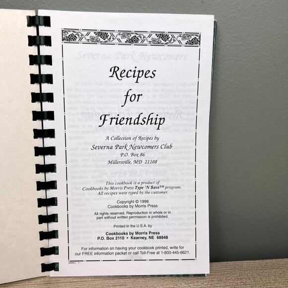 Vintage 90's Cookbook Recipes for Friendship Severna Park Maryland Spiral Bound - Picture 5 of 5